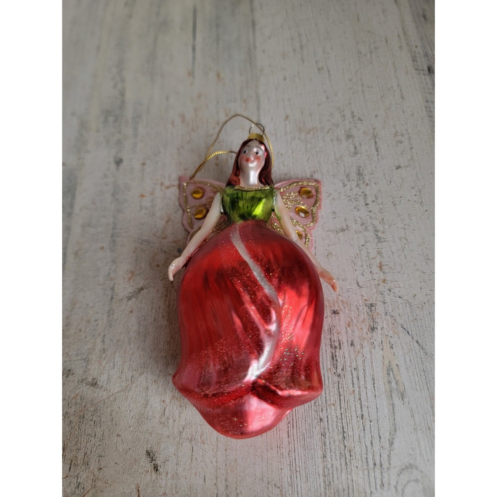 Unique vintage garden fairy rose butterfly glass ornament Xmas glitter
